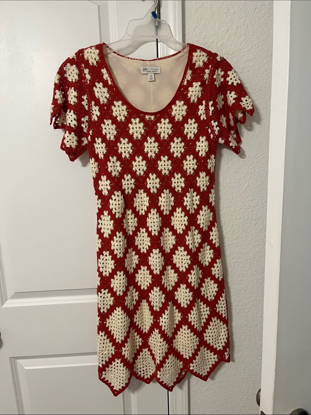 Red Camel Red and Cream Crochet Short Sleeve Scoop Dress